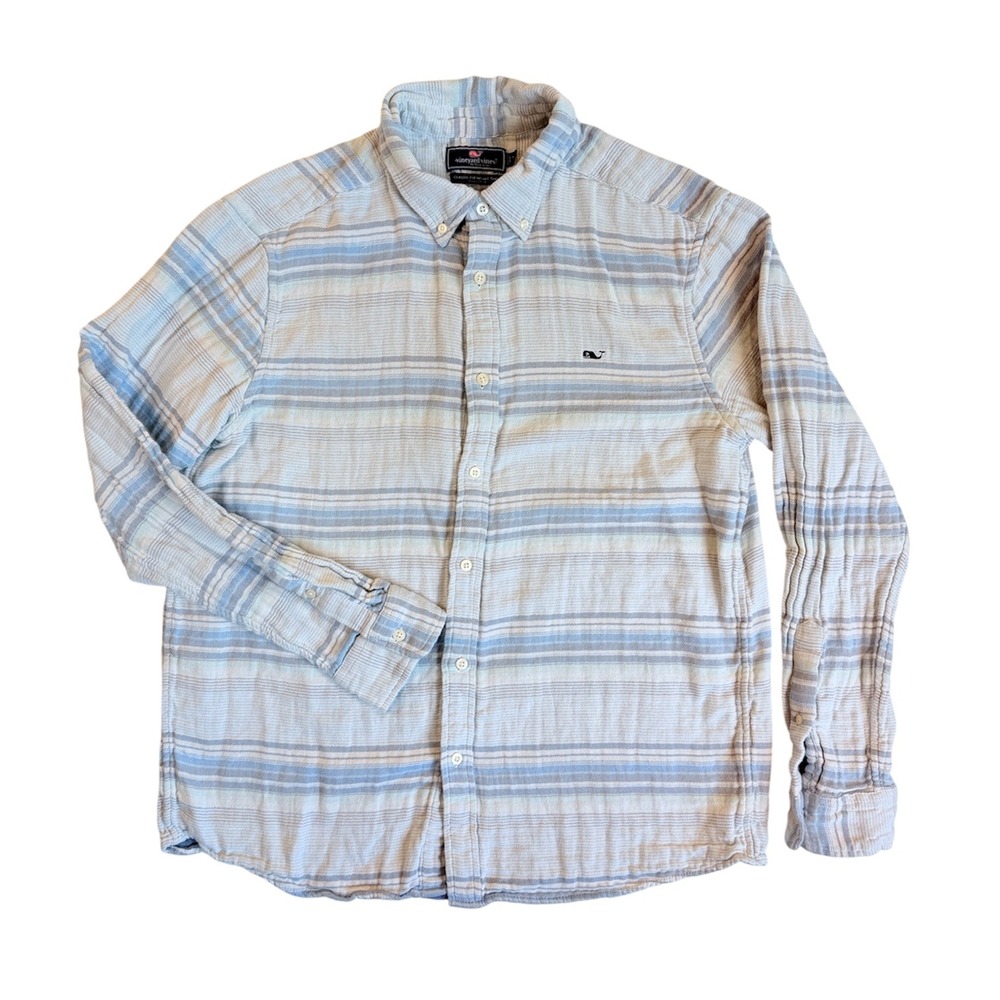 Vineyard Vines Whale Shirt Men Large Blue Striped Double Gauze Cotton Lined